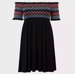 Black Embroidered Off Shoulder Skater Mini Dress